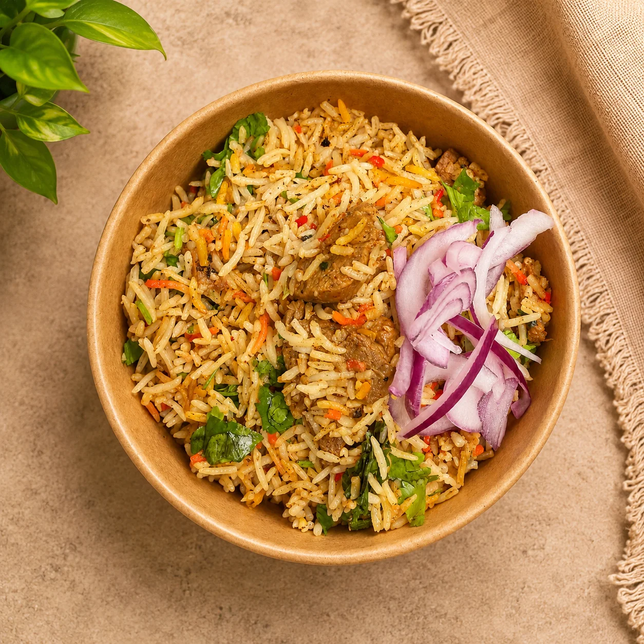Delicious curry with naan and rice, garnished with cilantro.