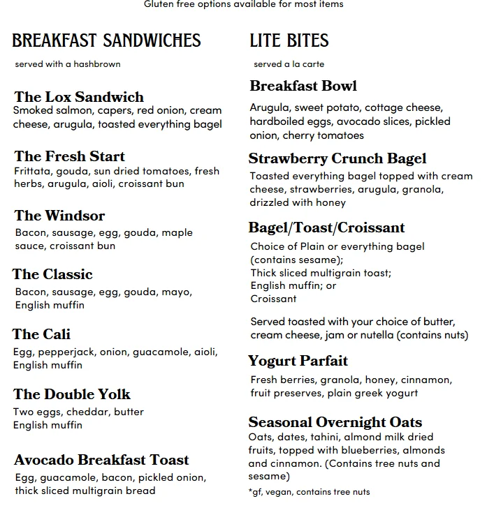 Breakfast sandwich menu featuring various options