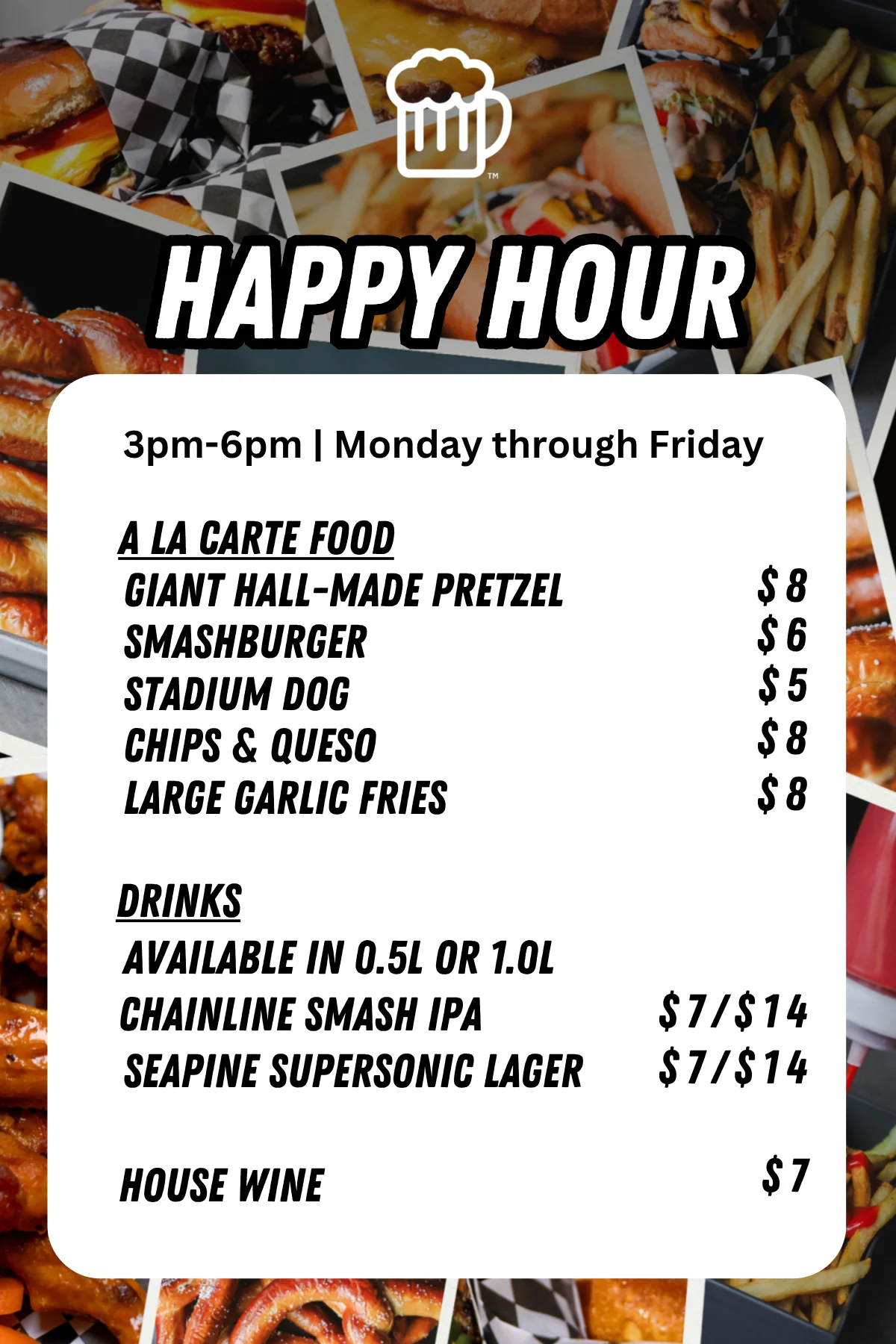 Happy Hour promotional image featuring drinks and appetizers.