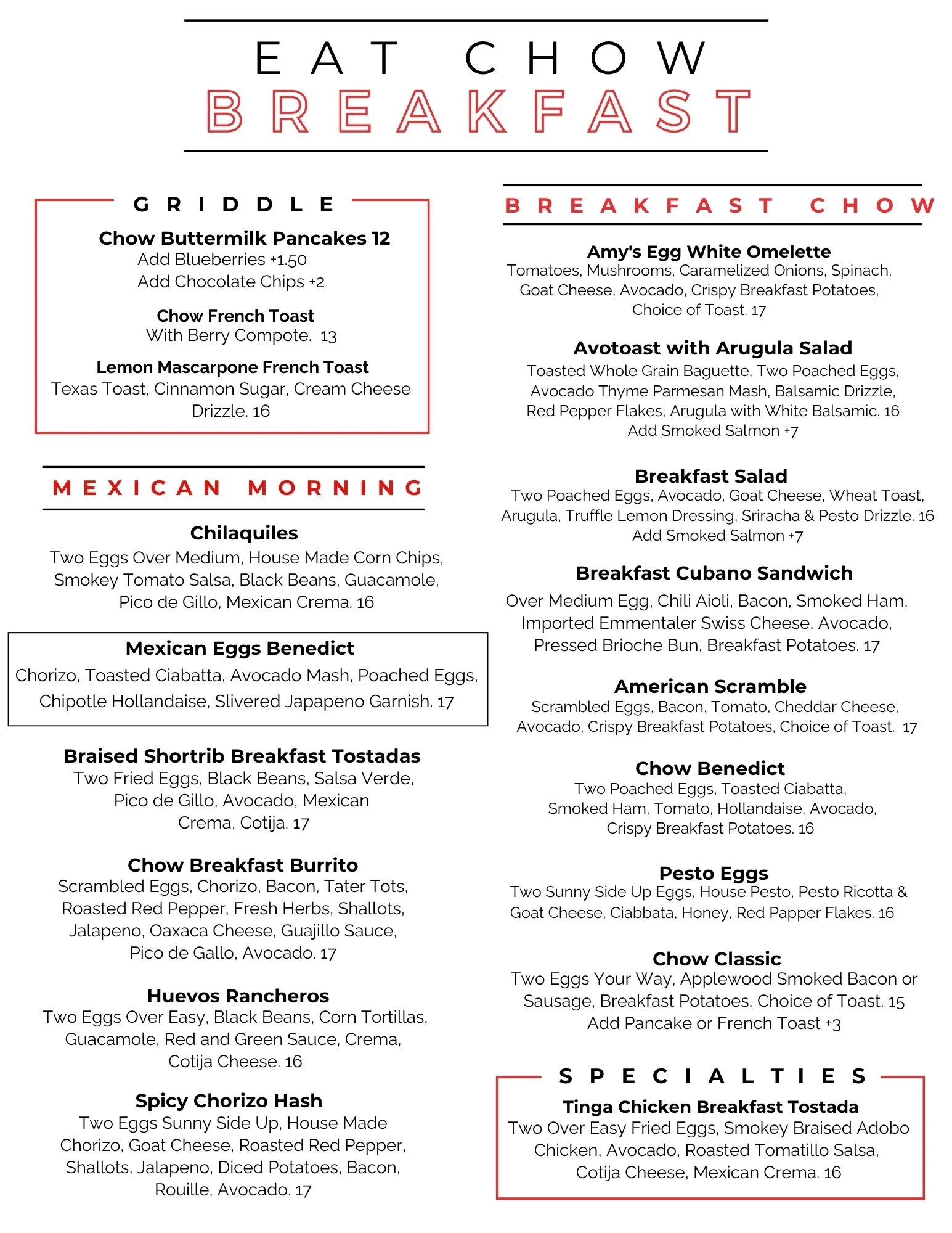 Breakfast menu featuring Mexican and American dishes