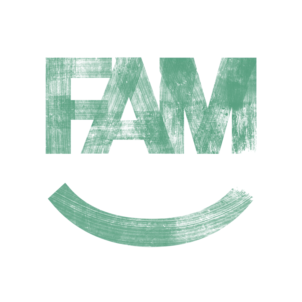 Stylized logo design featuring the word 'FAM' with a smile underneath