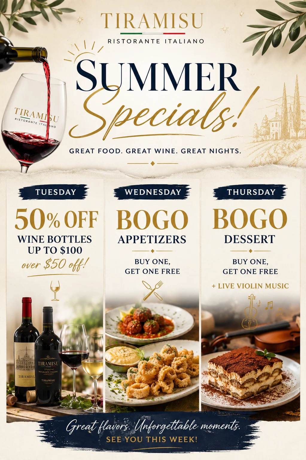 Tiramisu restaurant summer specials poster with wine, appetizers, dessert and weekly promotions.