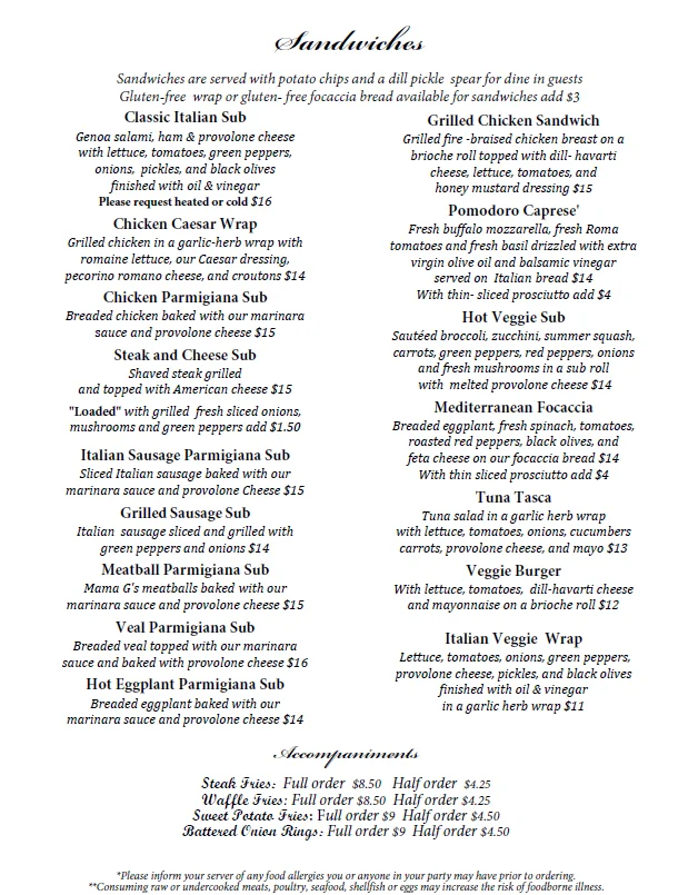 Menu of sandwiches and accompaniments from a restaurant.