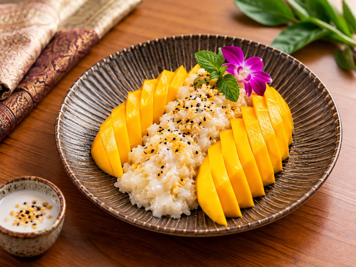 Thai mango sticky rice with coconut cream and sesame seeds