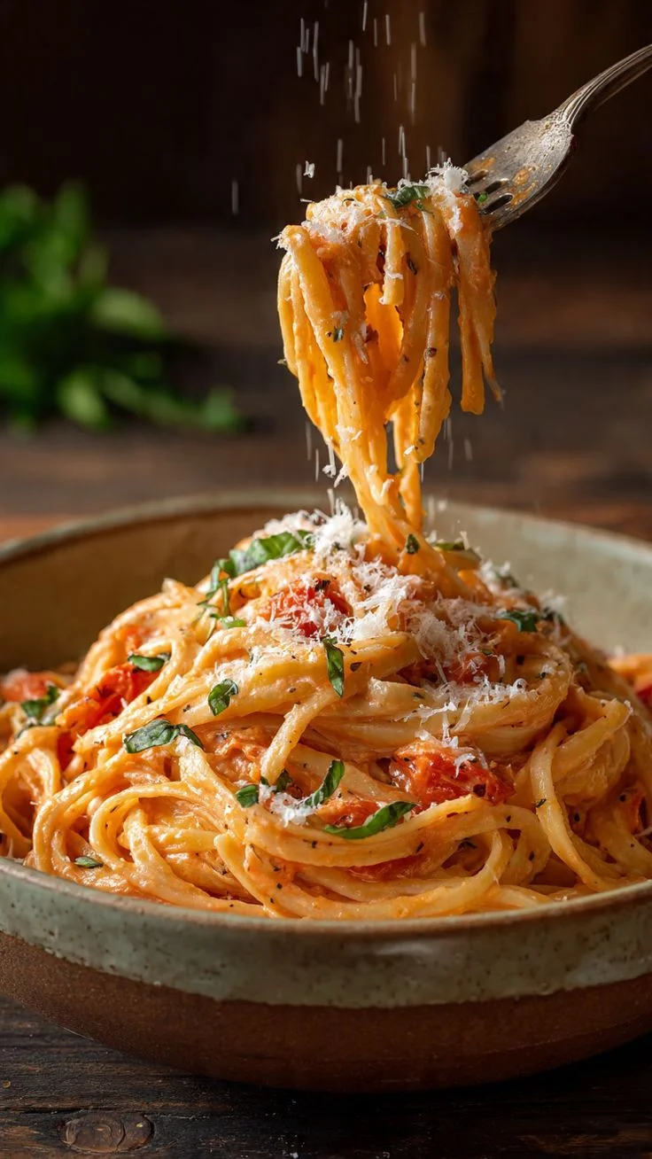 Creamy spaghetti alla carbonara with cheese and herbs