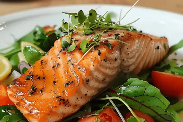 Grilled salmon fillet on a fresh salad