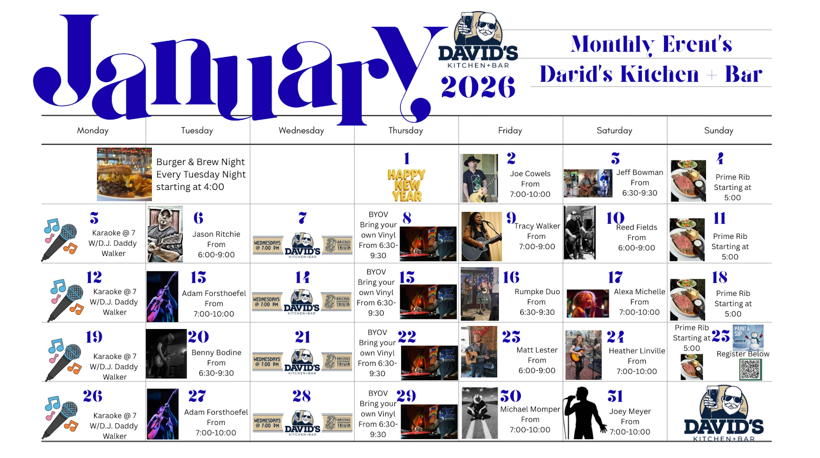 January events calendar for David's Kitchen & Bar with live music and specials