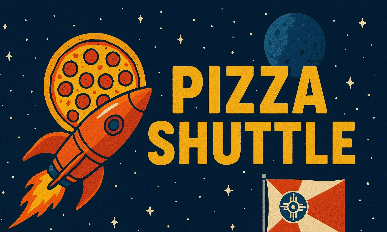 Colorful graphic of Pizza Shuttle with rocket and pizza in space