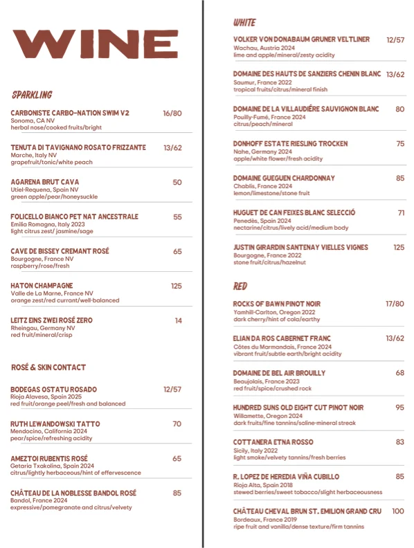 Wine menu featuring diverse selections from various regions