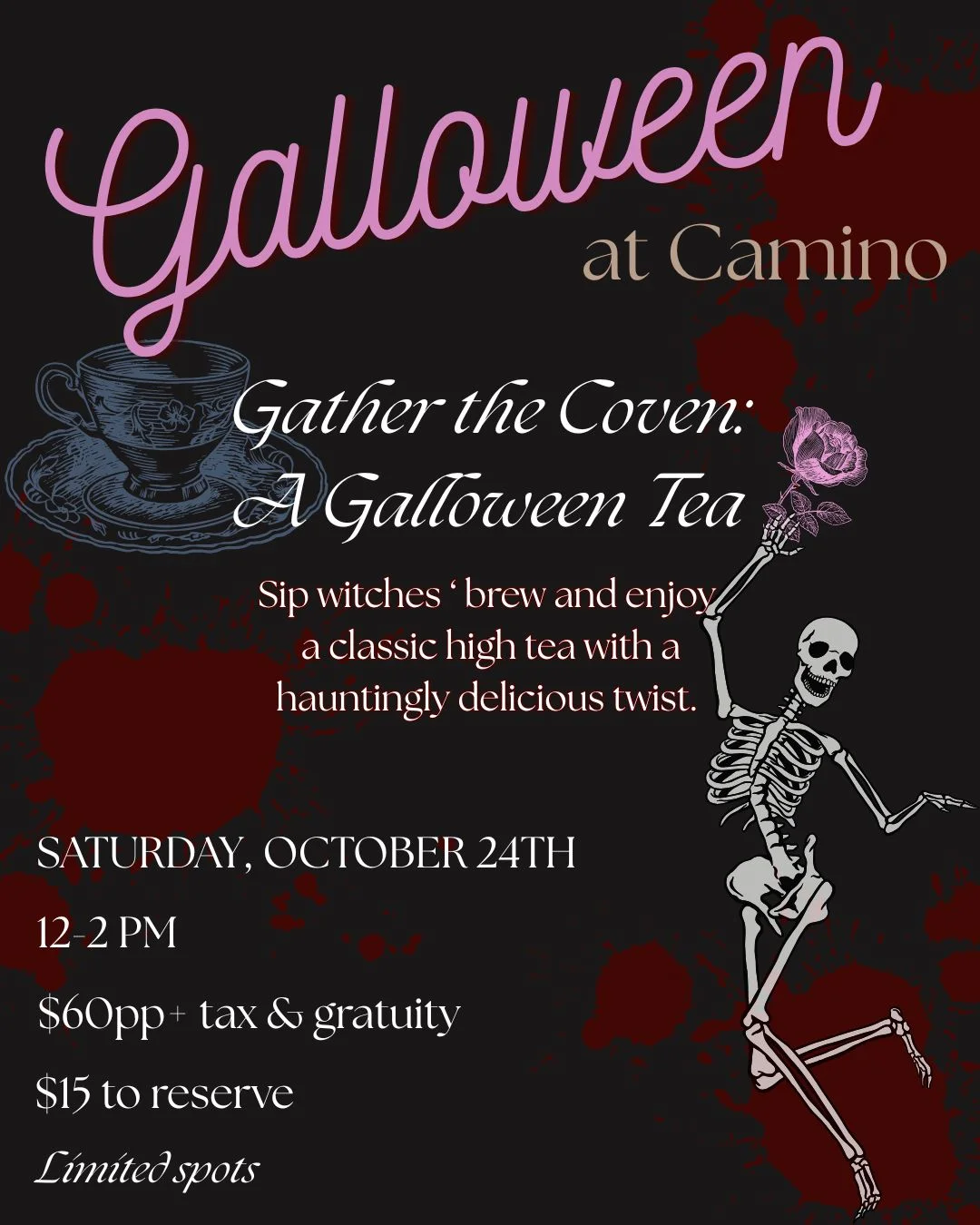Halloween high tea event poster with skeleton, teacup, and floral artwork