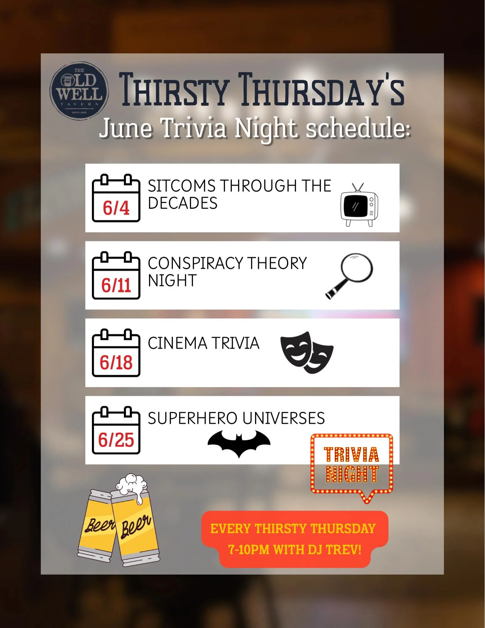 Trivia night schedule at The Old Well Tavern for June