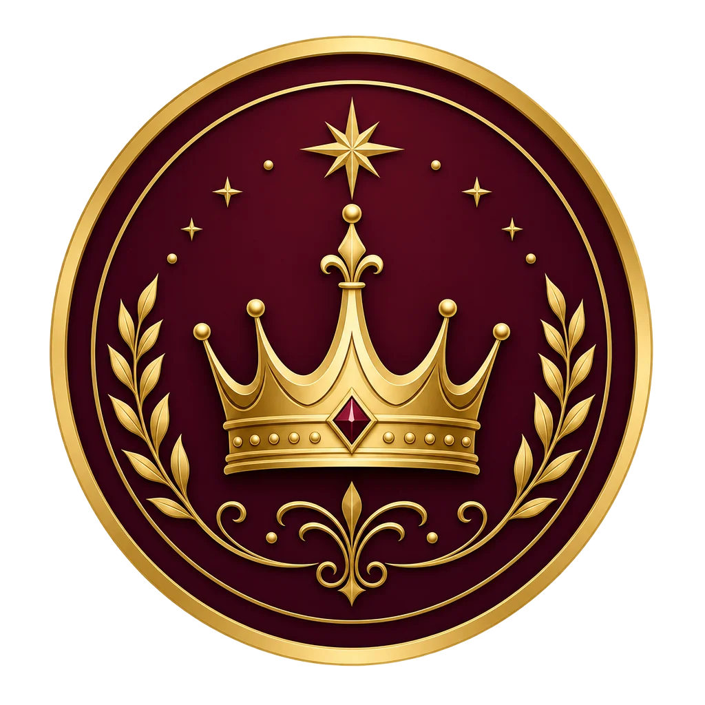 Elegant golden crown emblem on a burgundy background