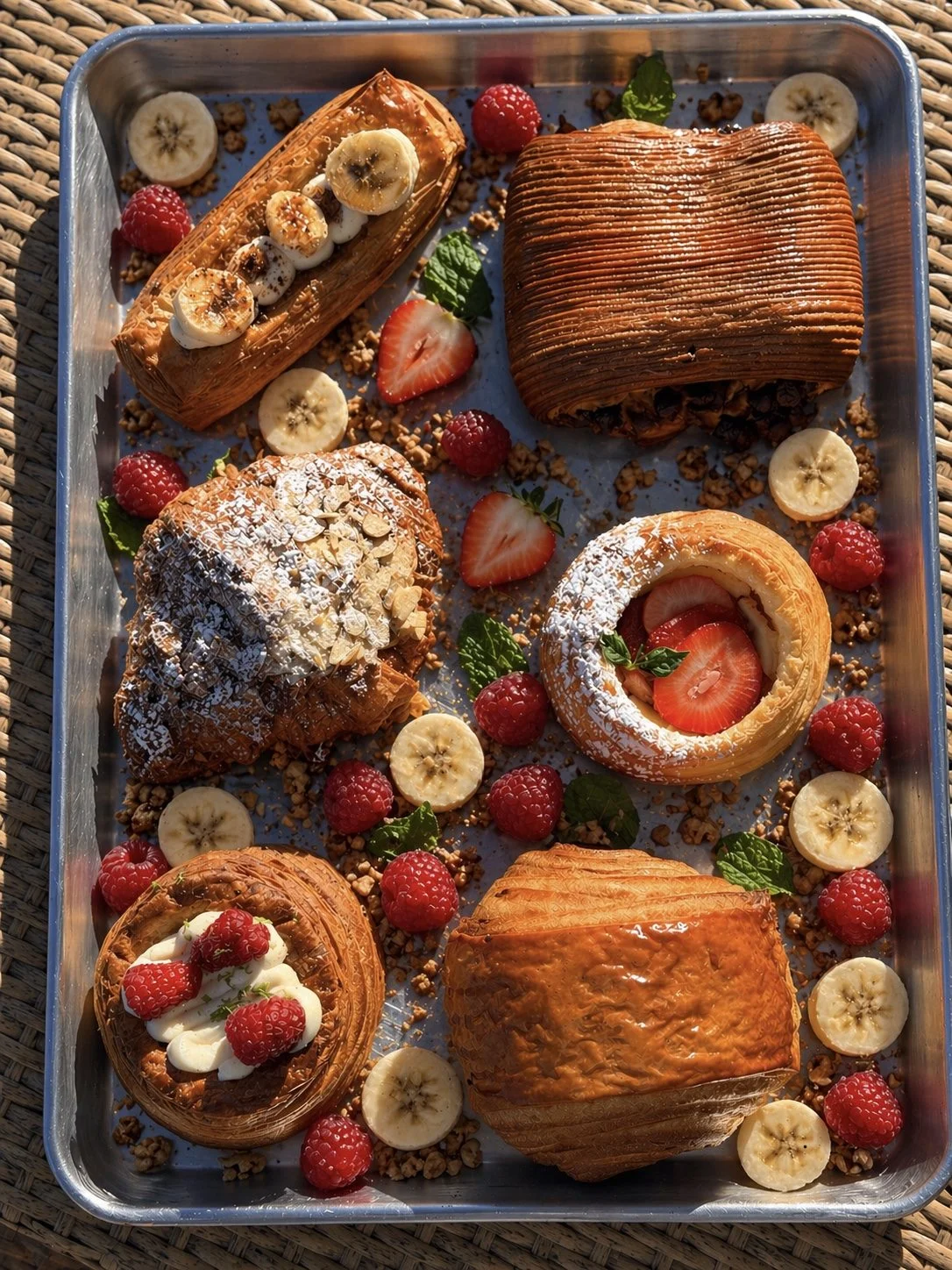 An assortment of pastries arranged on a metal tray, featuring croissants, fruit toppings, and garnishes of berries and mint.