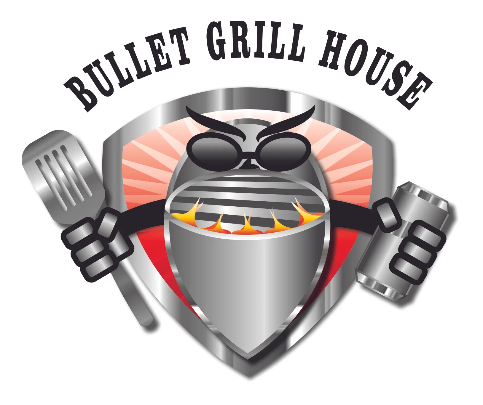 Logo of Bullet Grill House featuring a cartoon grill character