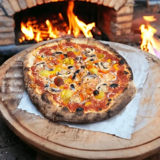 Wood-fired Margherita pizza with vibrant toppings