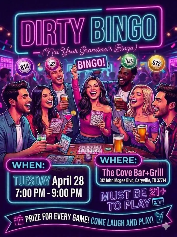 Promotional poster for Dirty Bingo night at The Cove Bar+Grill