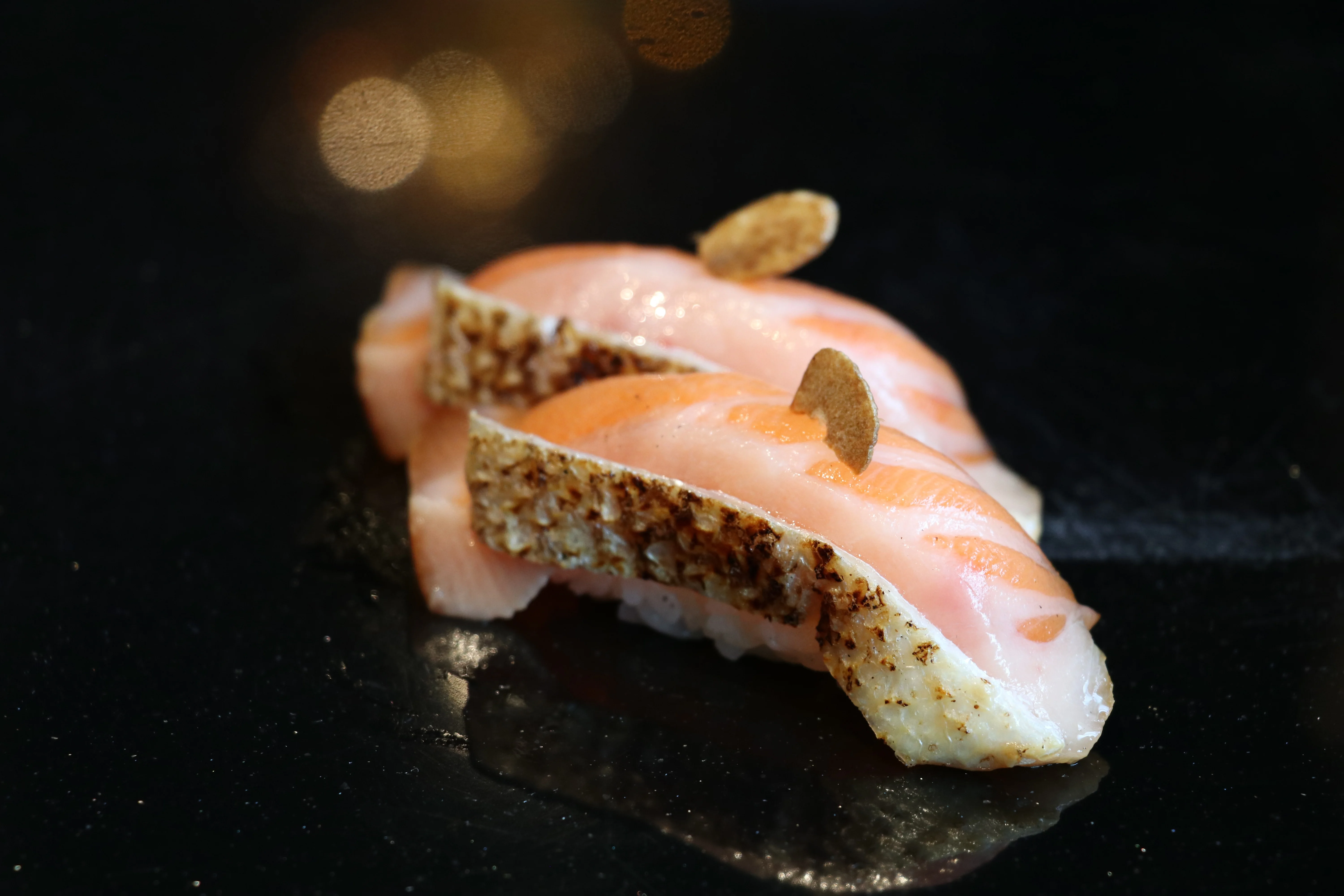 Japanese sushi nigiri with seared salmon