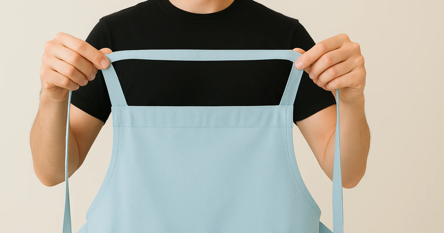 Person holding a light blue apron ready for cooking