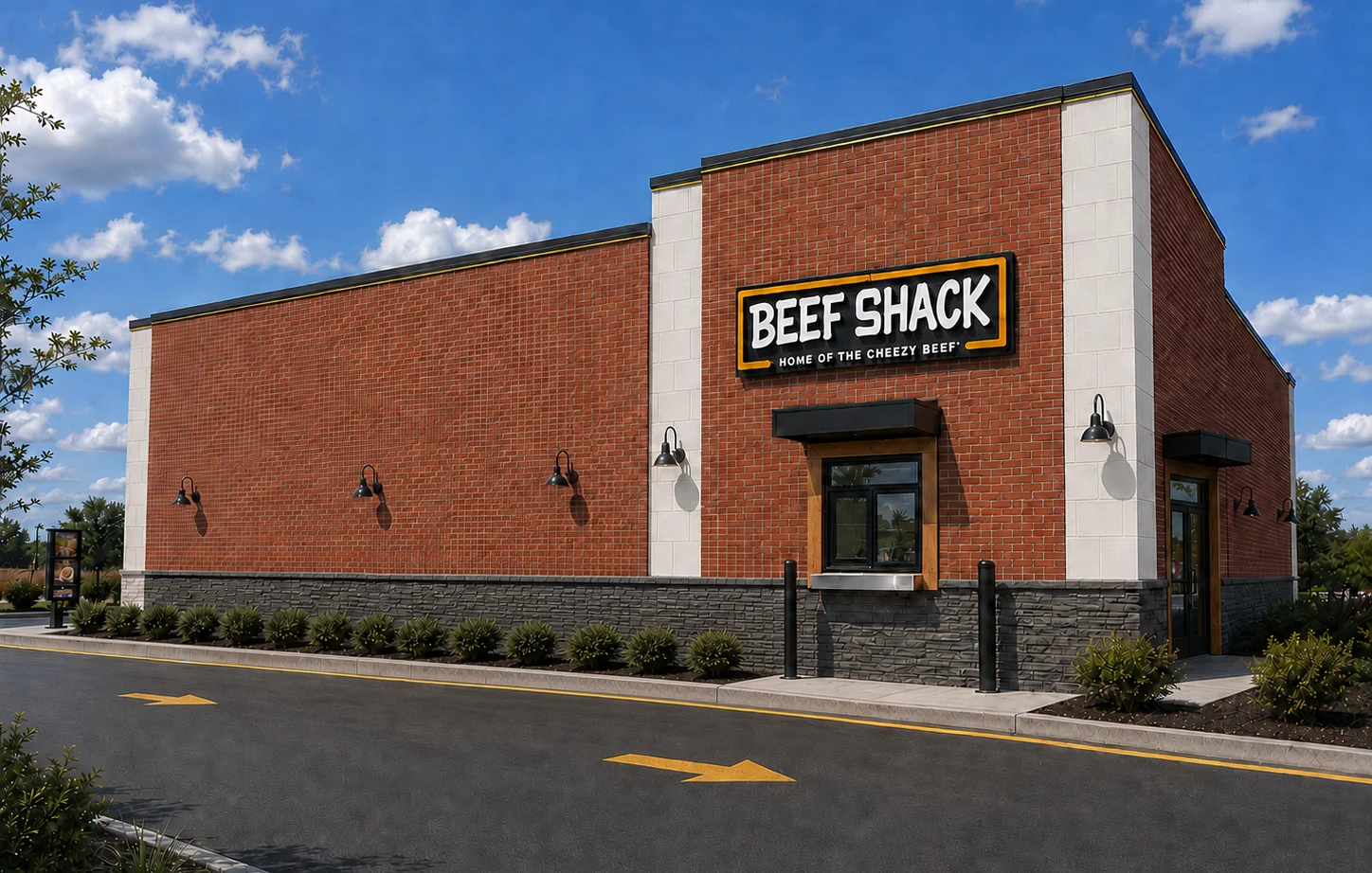 Modern restaurant exterior with outdoor seating