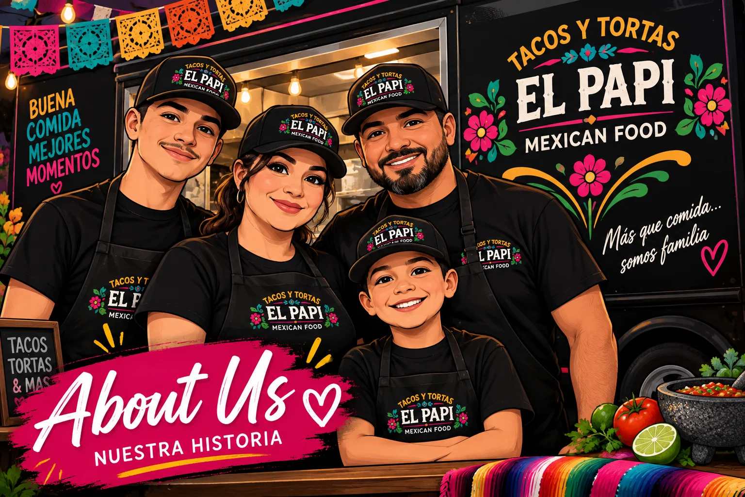 Family behind a food truck serving Mexican cuisine