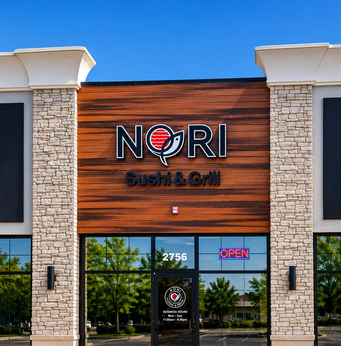 Exterior of Nori Sushi & Grill restaurant with modern signage and open hours