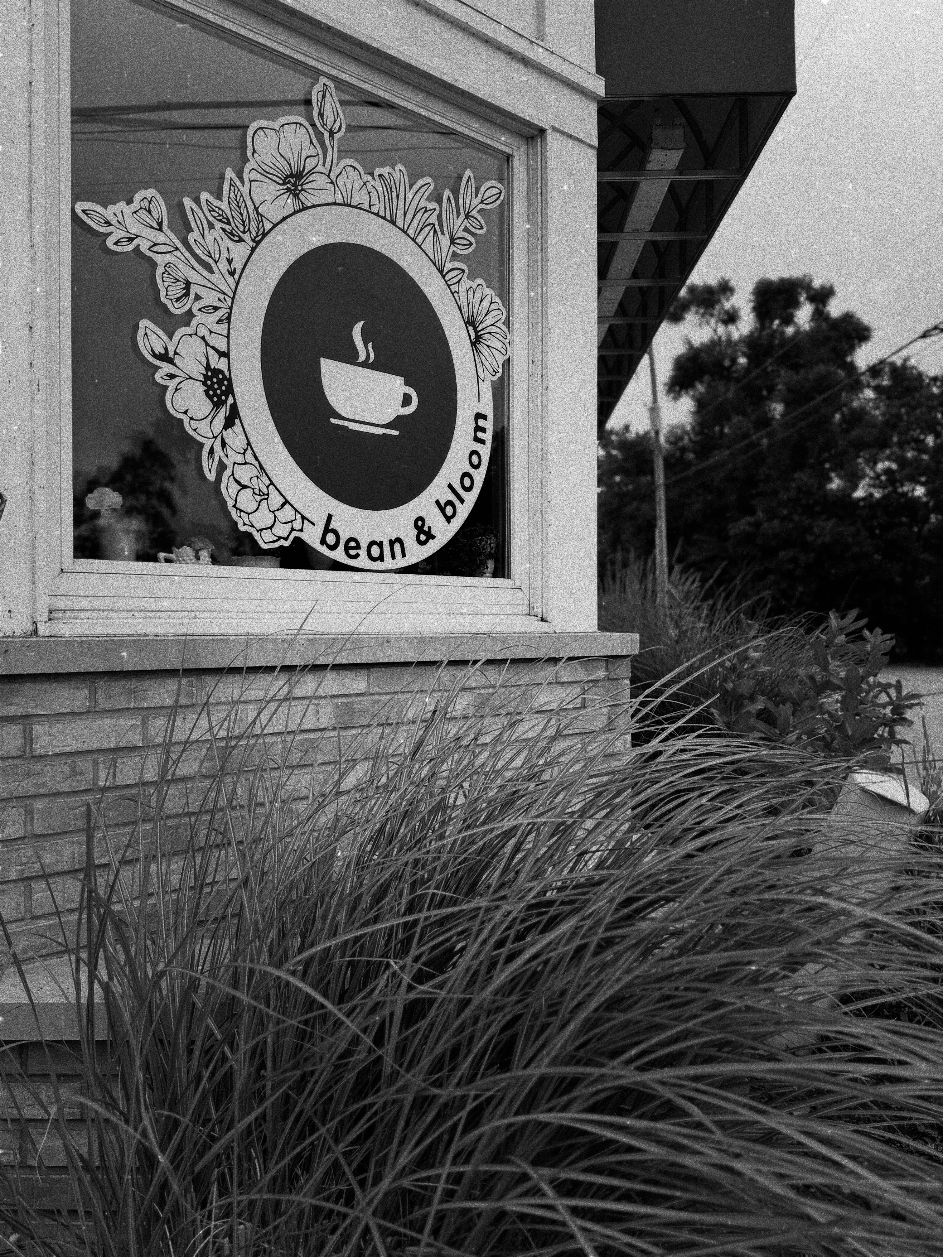 Coffee shop window with floral design and logo