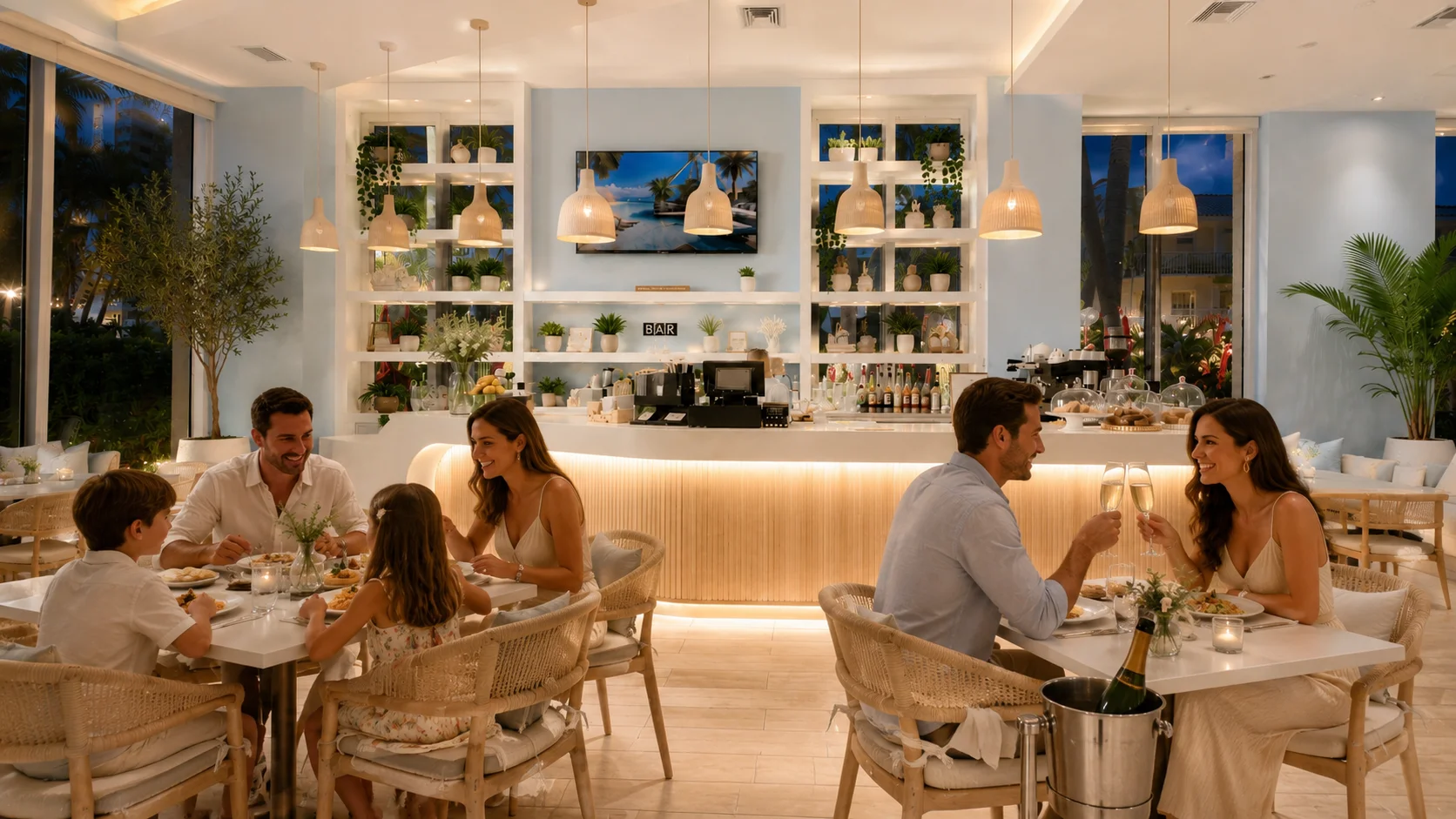 Elegant restaurant interior with families dining and enjoying drinks