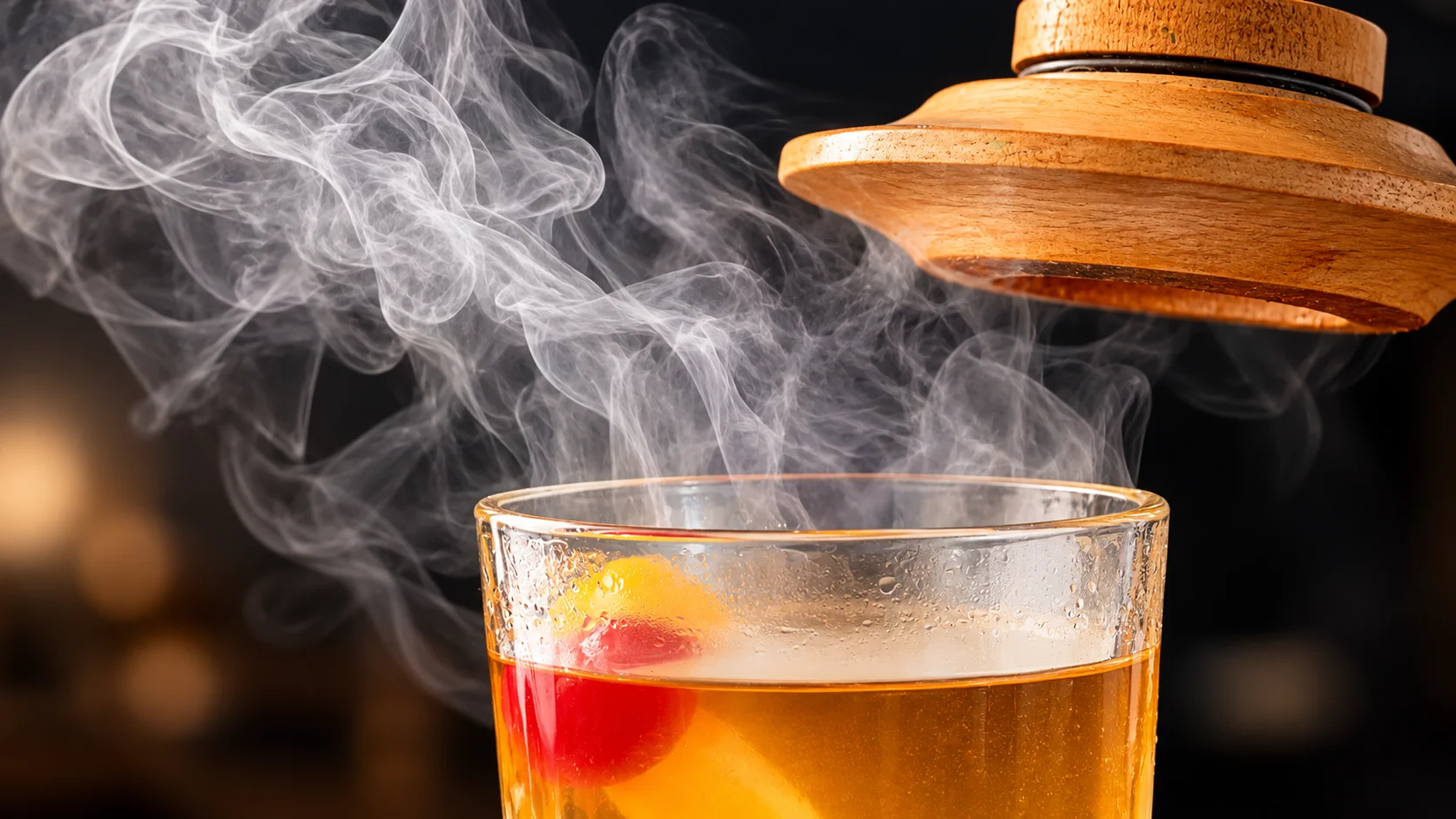 Smoky cocktail with cherry garnish in a glass