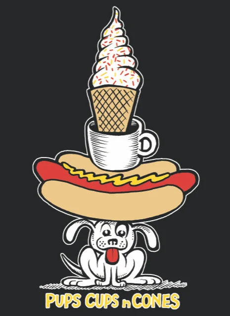 Playful illustration of a hot dog, ice cream, and a puppy
