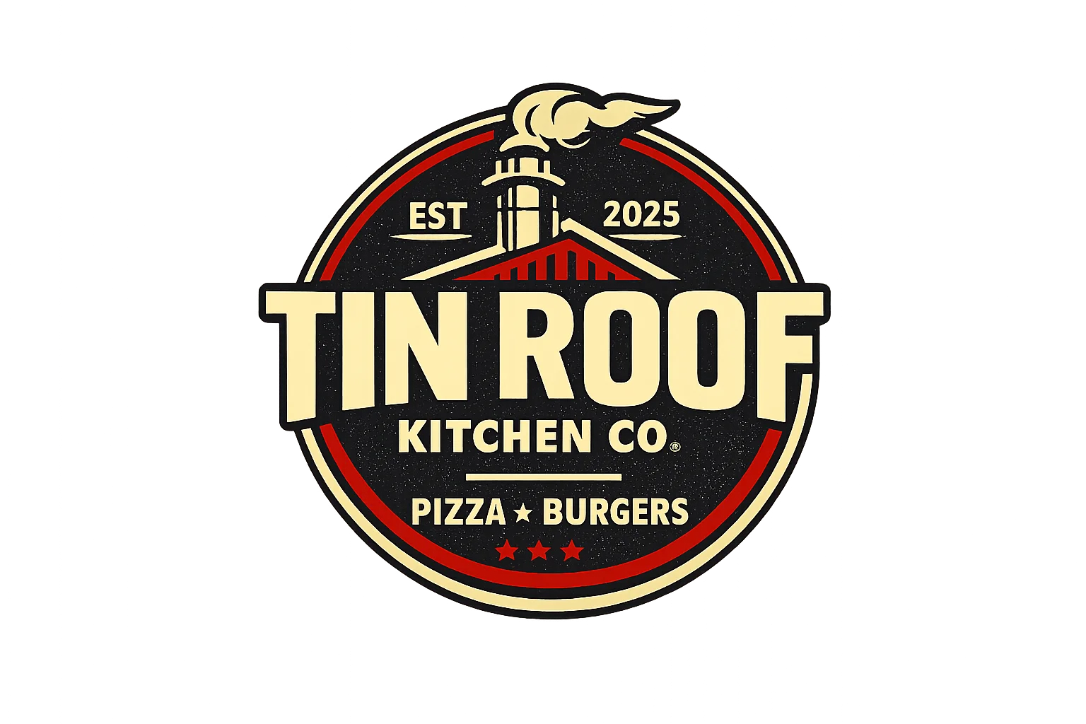 A circular logo featuring the name 'Tin Roof Kitchen Co.' with icons representing pizza and burgers. The design includes a chimney and a red and black color scheme.