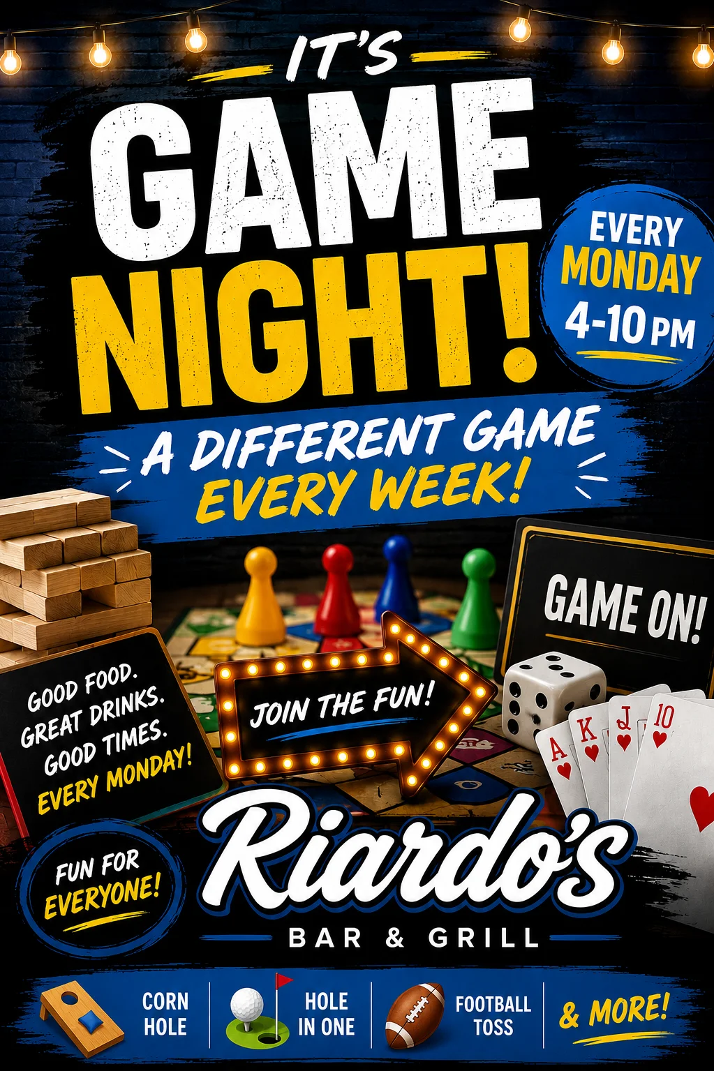 Game night event poster at Riardo's Bar & Grill