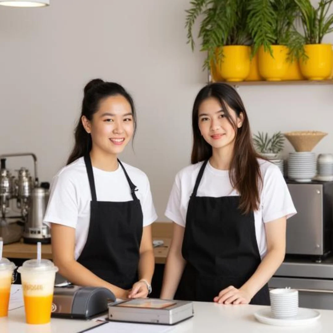 Two baristas smiling in a modern café setting