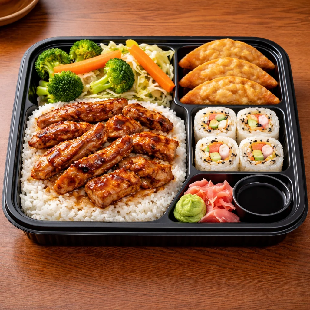 A bento box featuring grilled chicken over rice, accompanied by mixed vegetables, gyoza, sushi rolls, and dipping sauces.