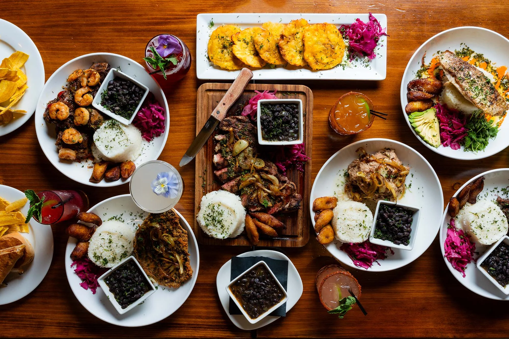 Caribbean feast with grilled shrimp, rice, and plantains