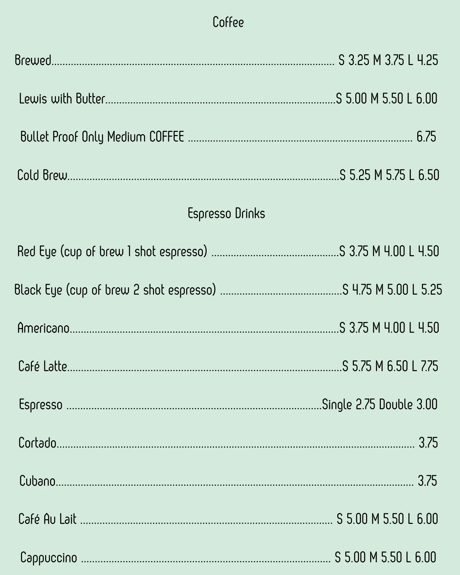 Coffee and espresso drink menu with prices