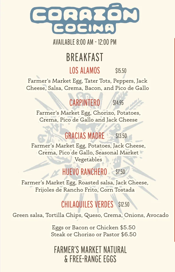 Colorful breakfast menu featuring traditional Mexican dishes