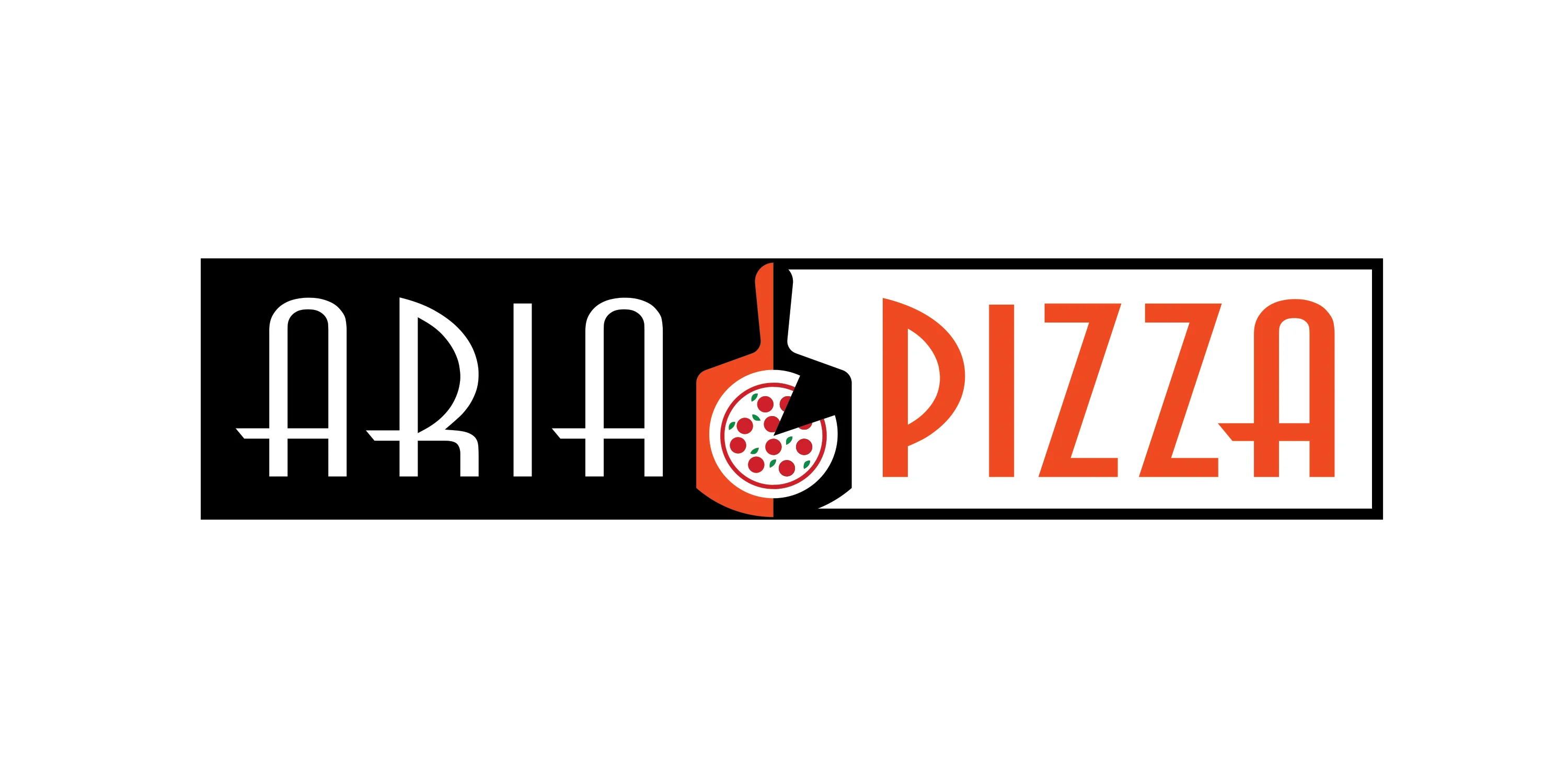 Logo of Aria Pizza featuring a pizza peel and vibrant typography