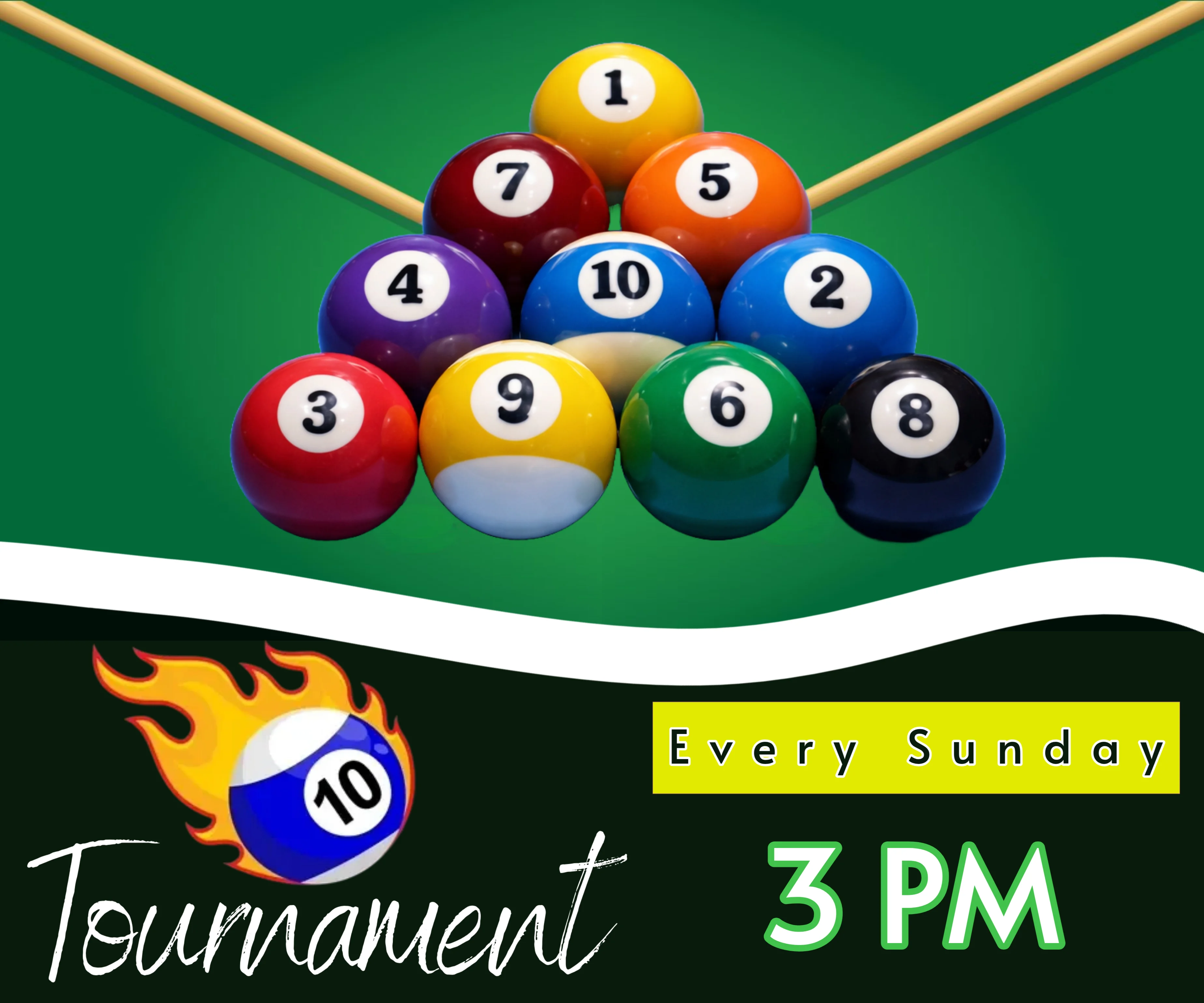 10-ball pool tournament announcement every Sunday at 3 PM.