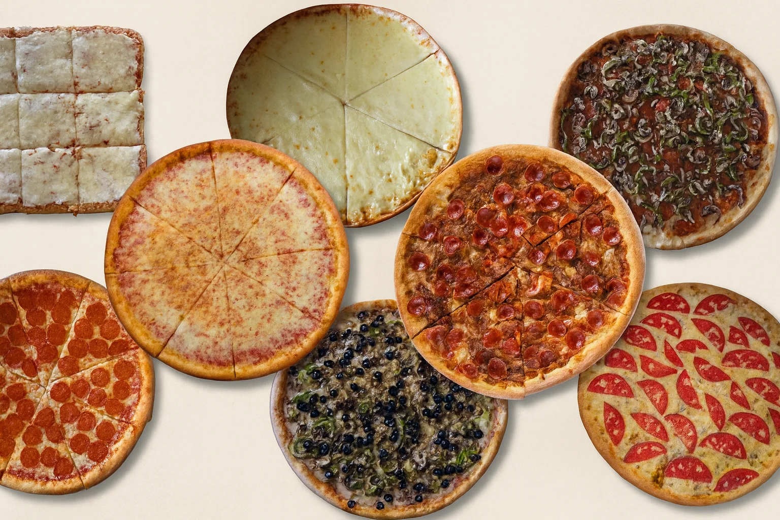 Variety of pizzas including pepperoni and vegetarian styles