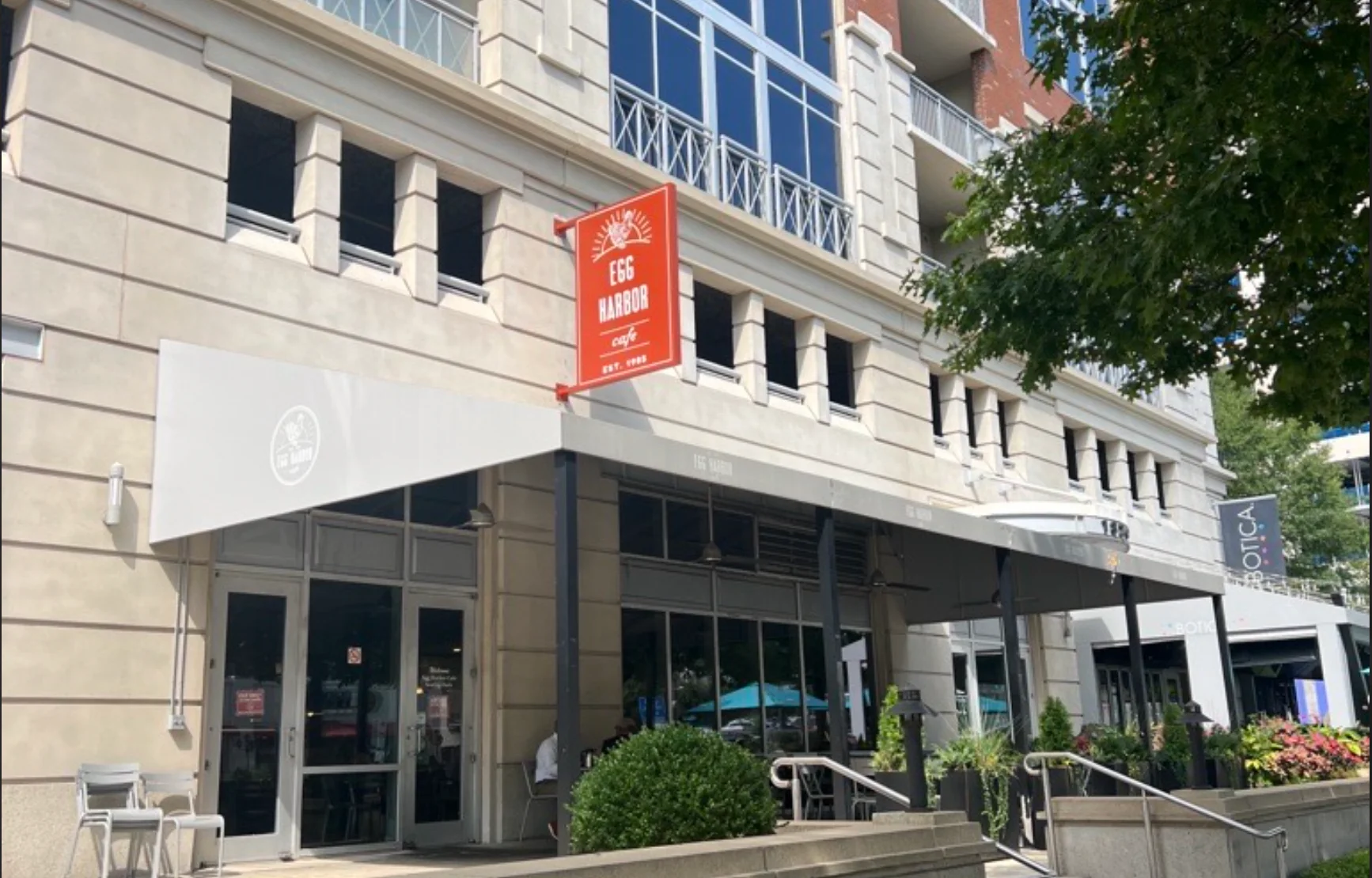 Exterior view of Egg Harbor Cafe with modern architecture