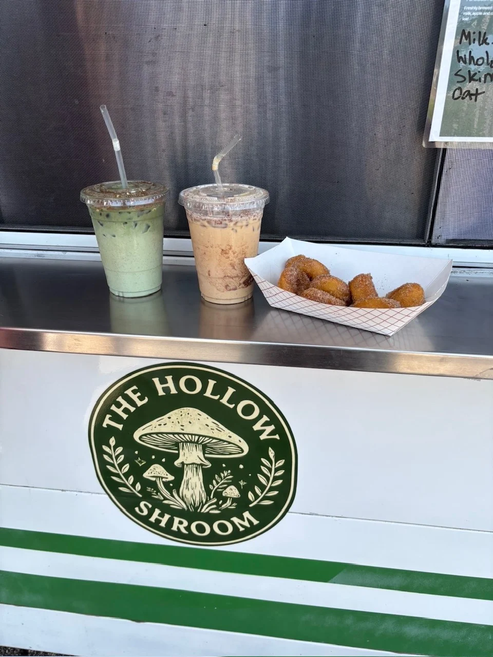 Refreshing matcha and coffee drinks with cinnamon sugar donuts