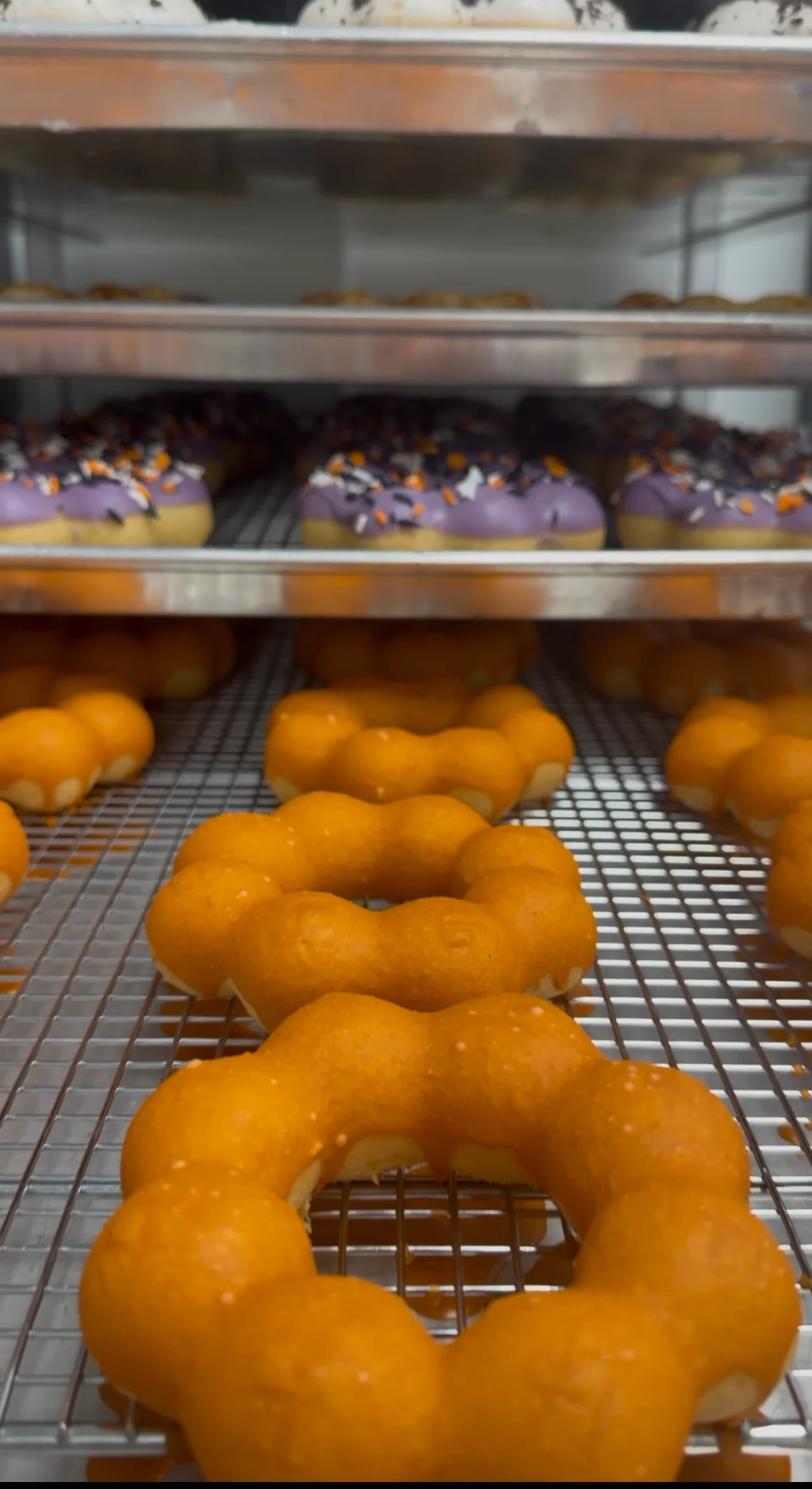 Colorful donuts on a cooling rack in a bakery