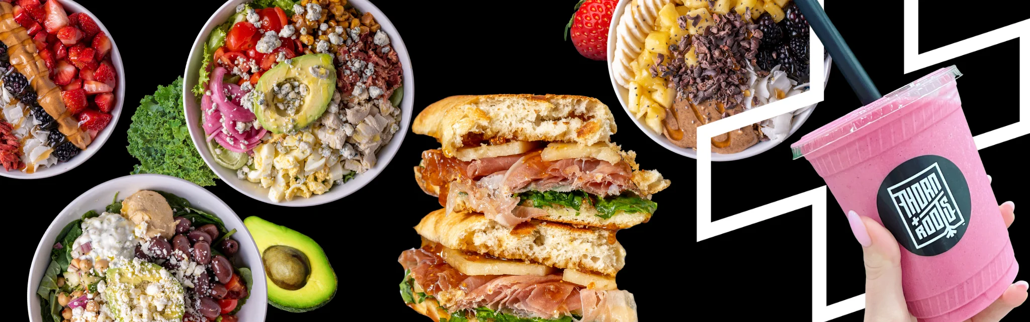 Colorful smoothie bowls and gourmet sandwiches