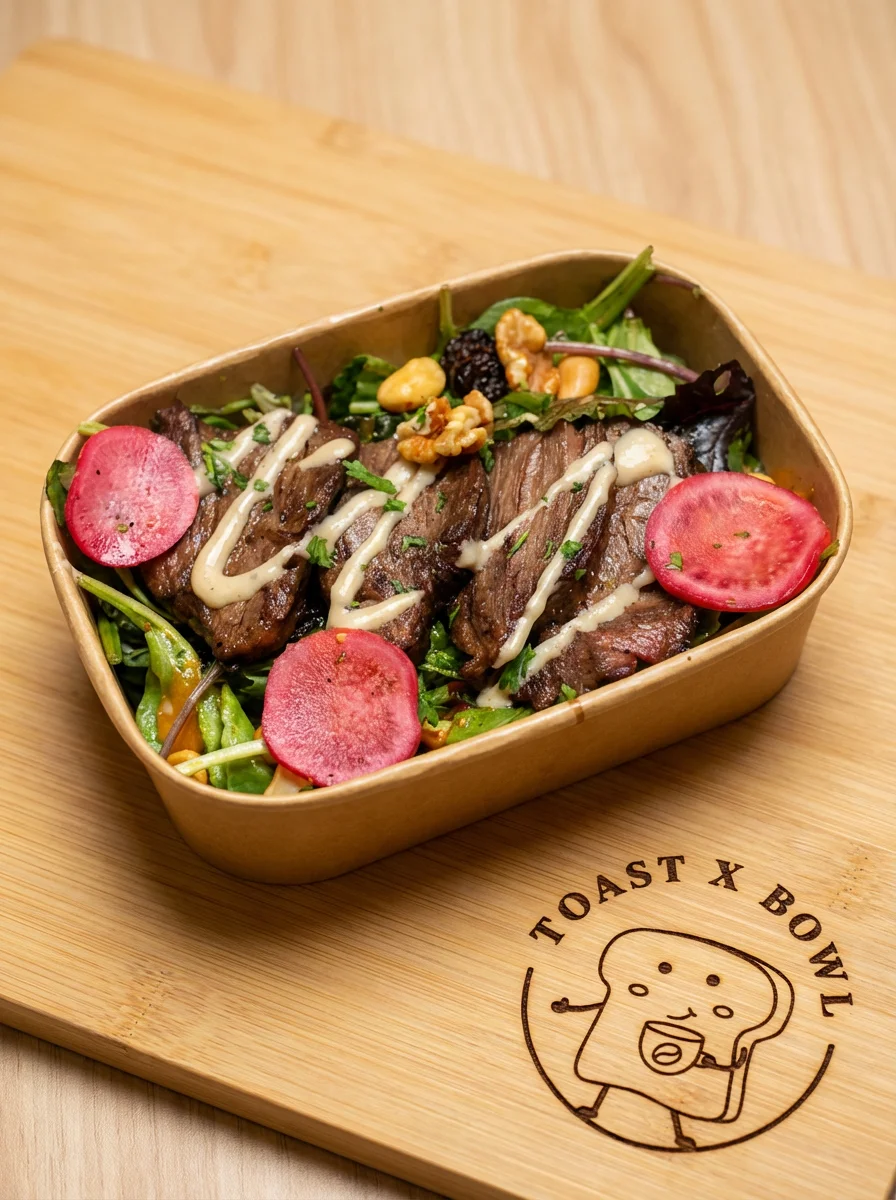 Grilled beef salad with fresh greens and vibrant toppings