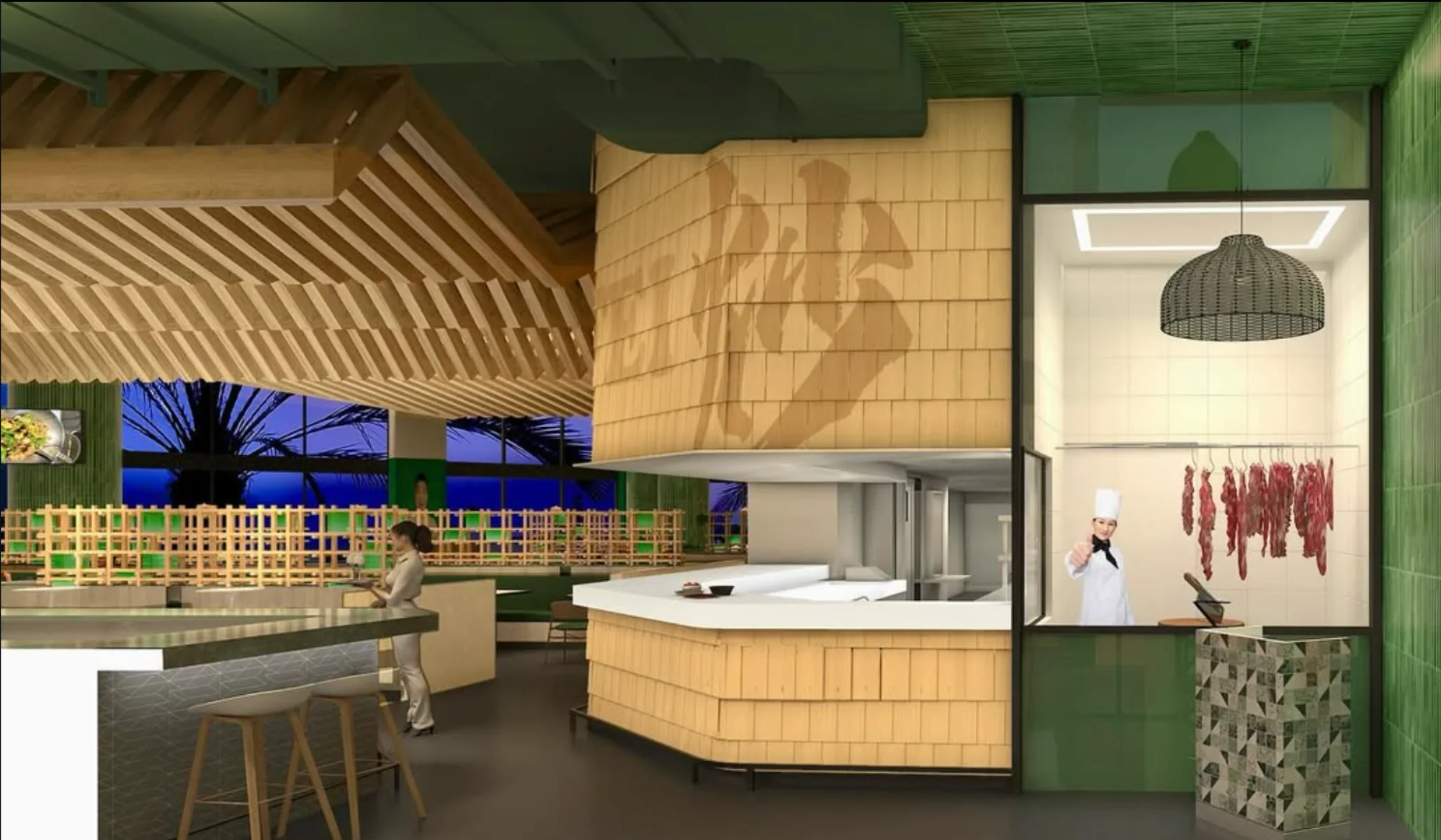 Modern restaurant interior with a chef and hanging meats in a vibrant setting.