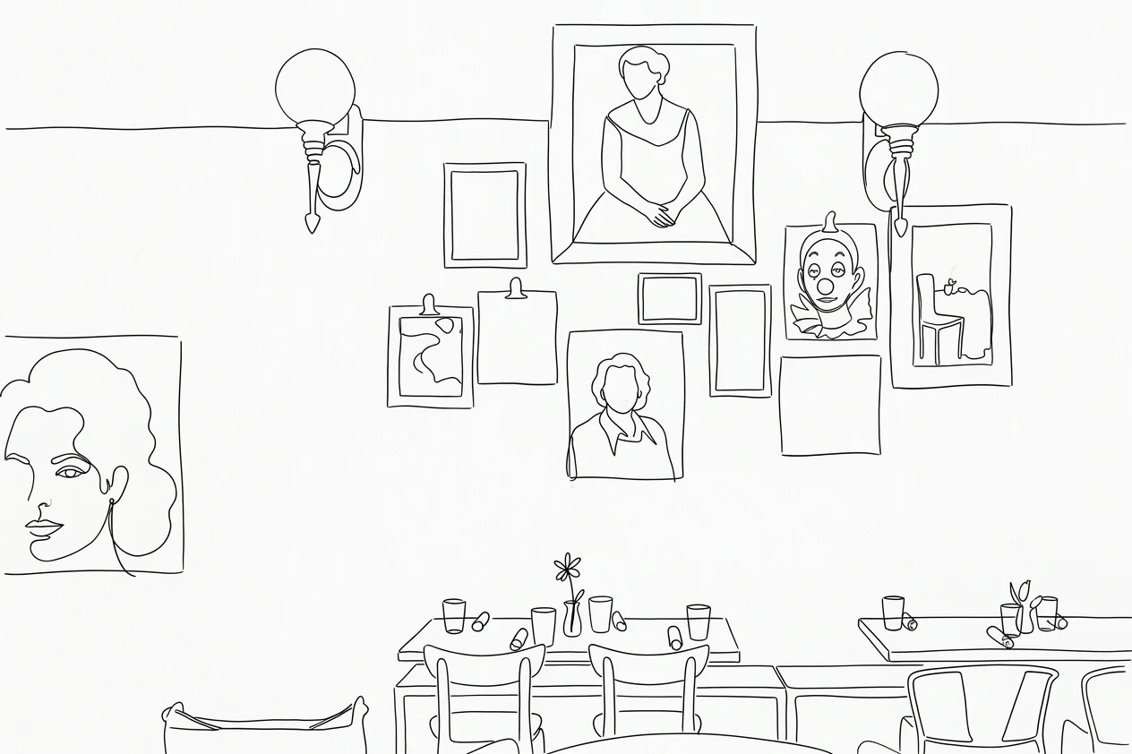 Artistic restaurant interior with line drawings and cozy table settings
