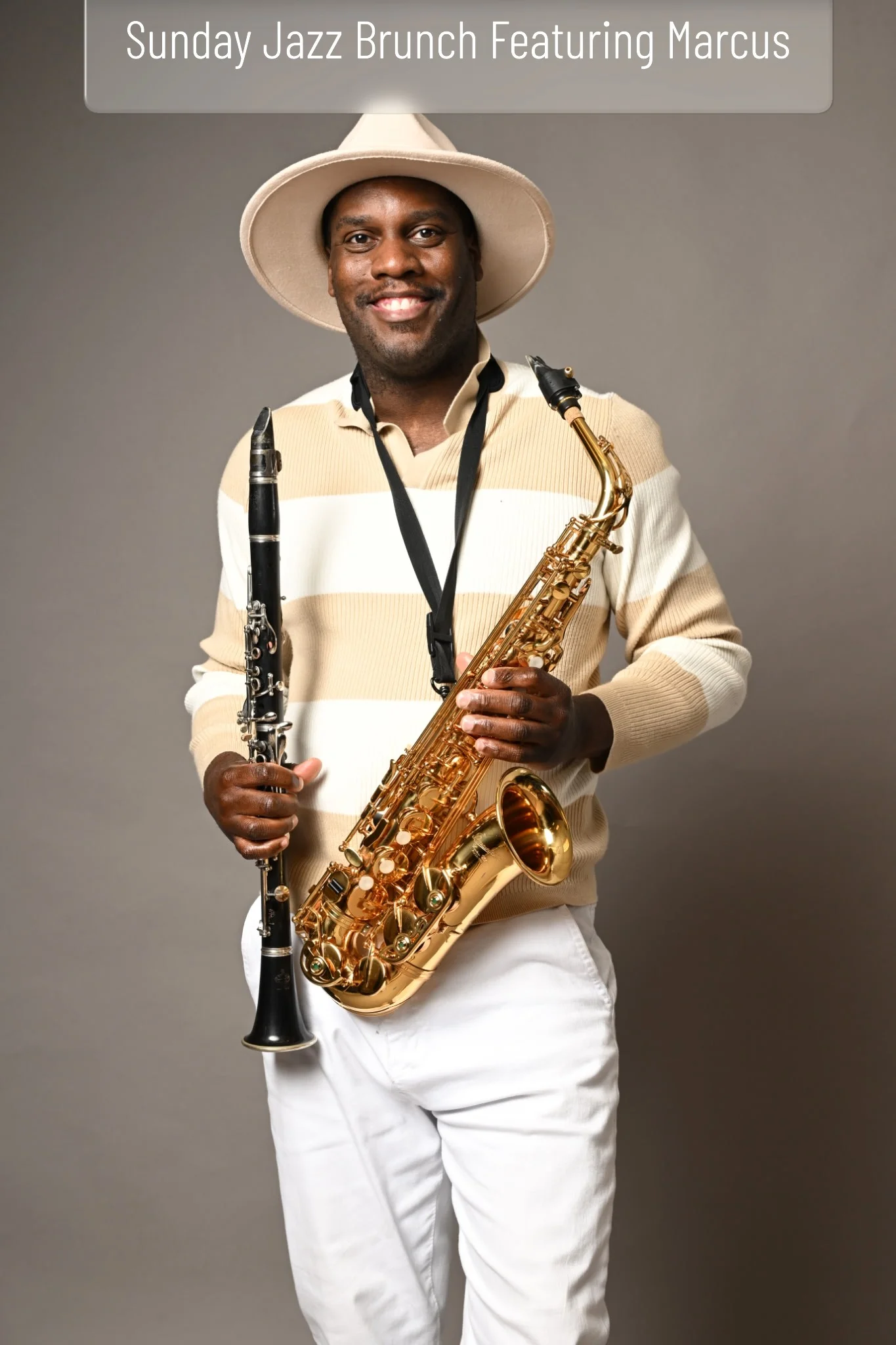 Musician performing at a Sunday jazz brunch with saxophone and clarinet