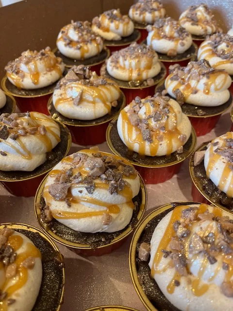 Decadent caramel toffee cupcakes with creamy frosting
