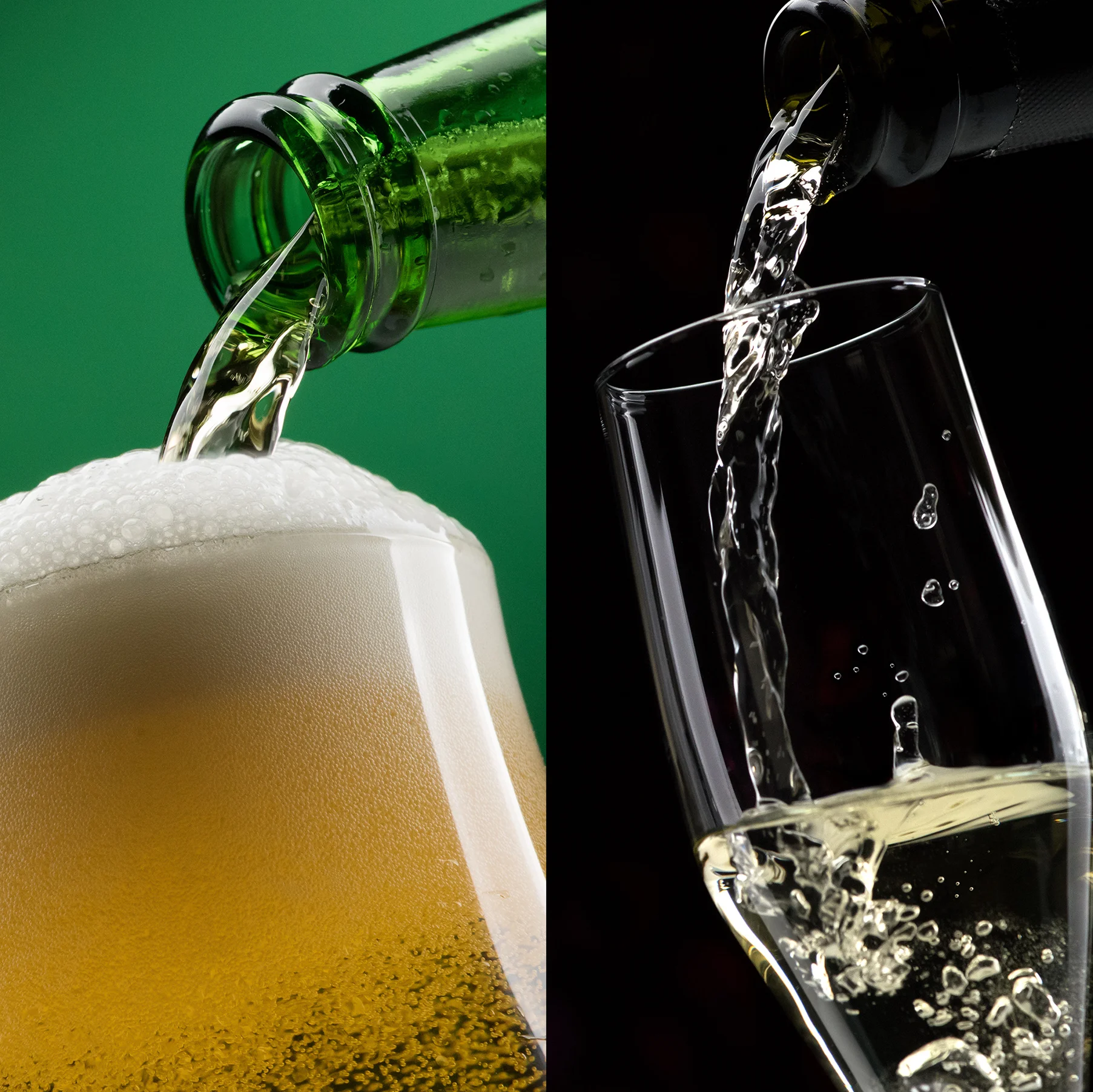 Variety of beverages being poured into glasses
