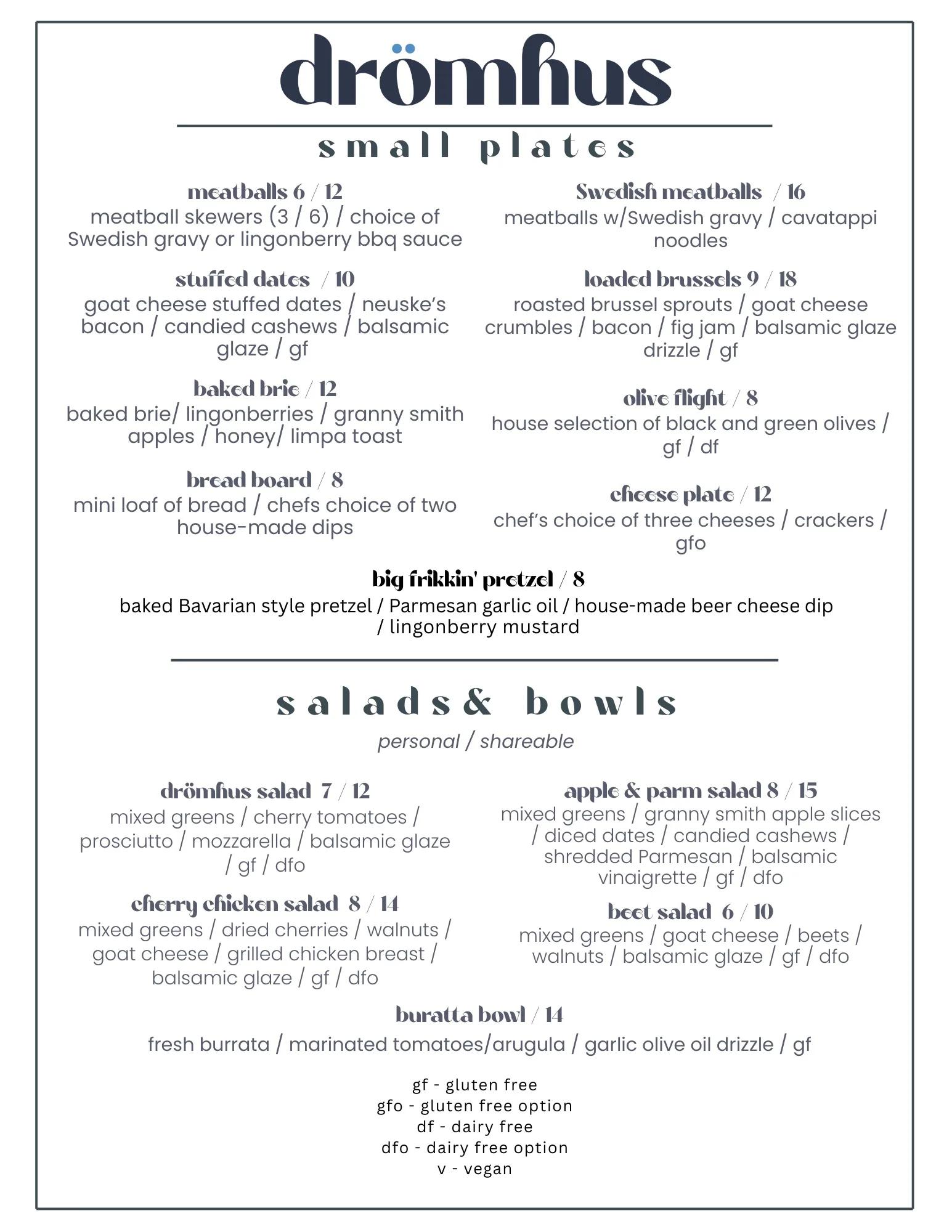 Menu featuring Swedish meatballs and small plates